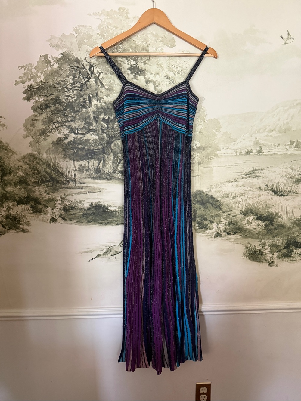 Striped Spaghetti-Strap Maxi Dress in Purple and Teal